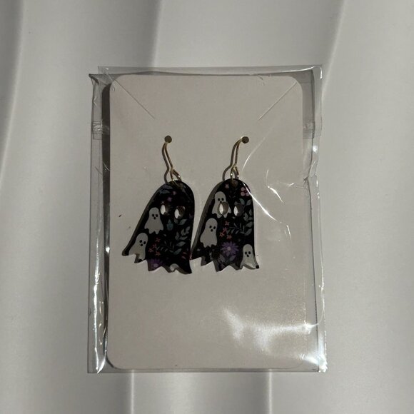 NEW Halloween Ghost Dangle Earrings Floral Design Lightweight Spooky Season - Picture 5 of 5